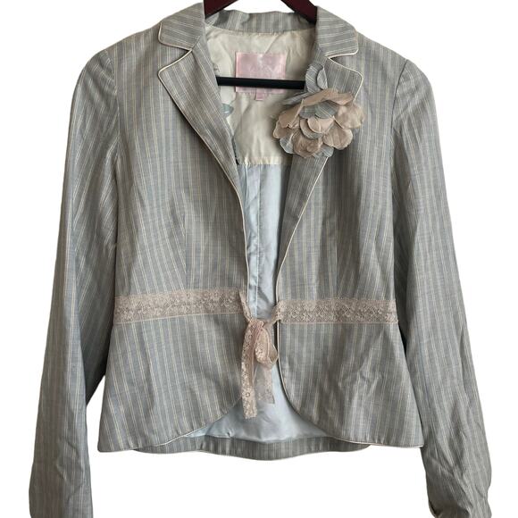 Rebecca Taylor Women Jacket 2 Blue Striped Ribbon Tie Romantic Boho Y2K Fairy - Picture 1 of 11